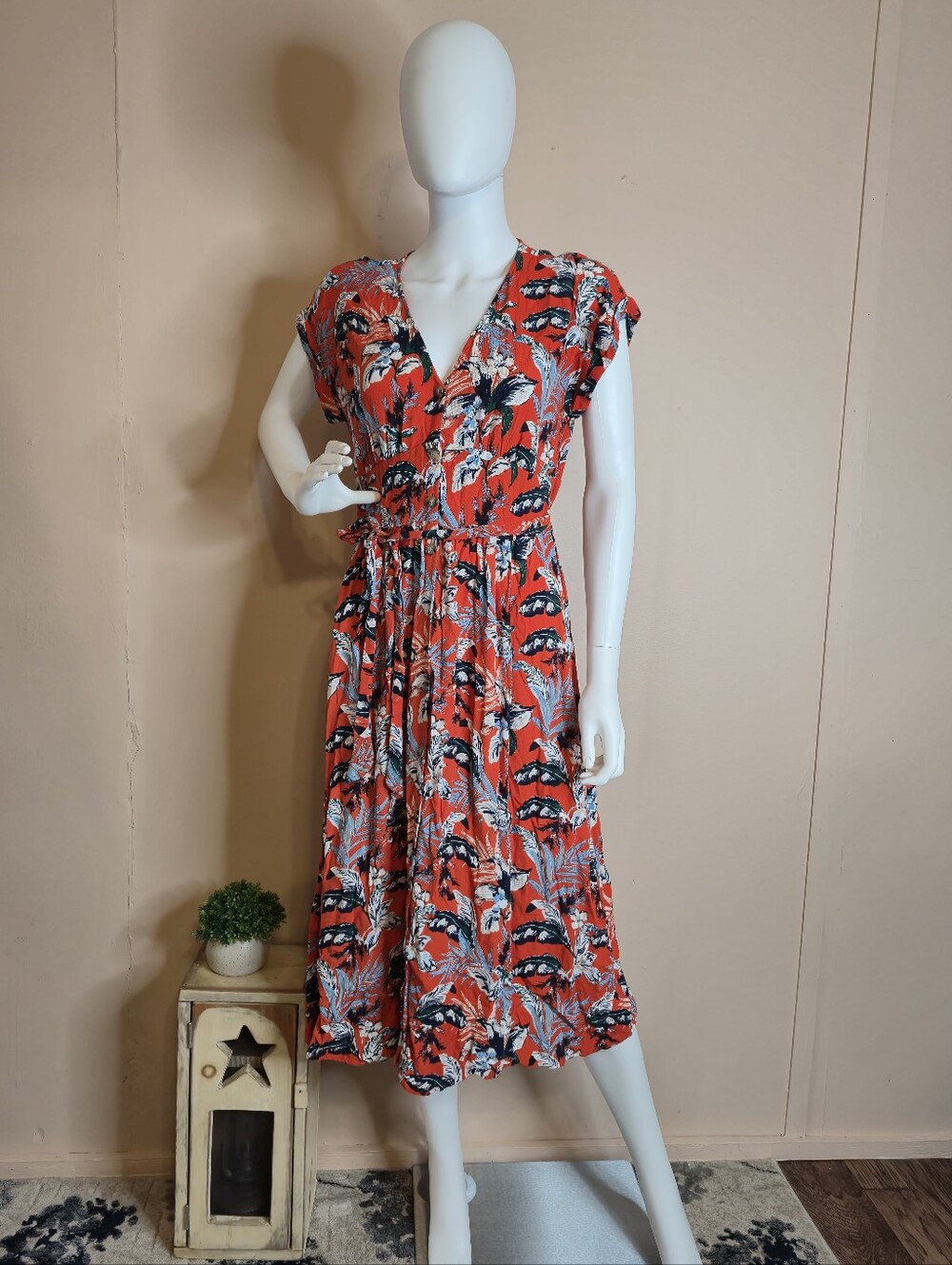 LOFT Red Floral Print Wrap-Style Midi Dress